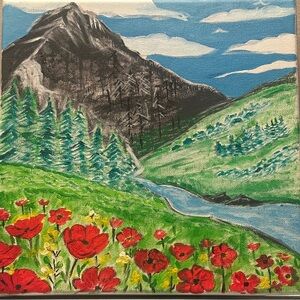 Mountain Landscape Canvas Art with Red Flowers